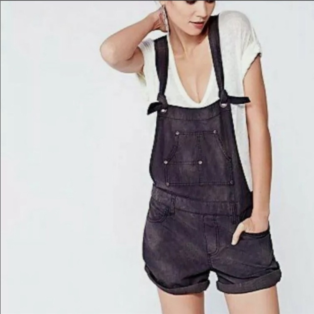 Free People Railroad Stripe Short Overalls